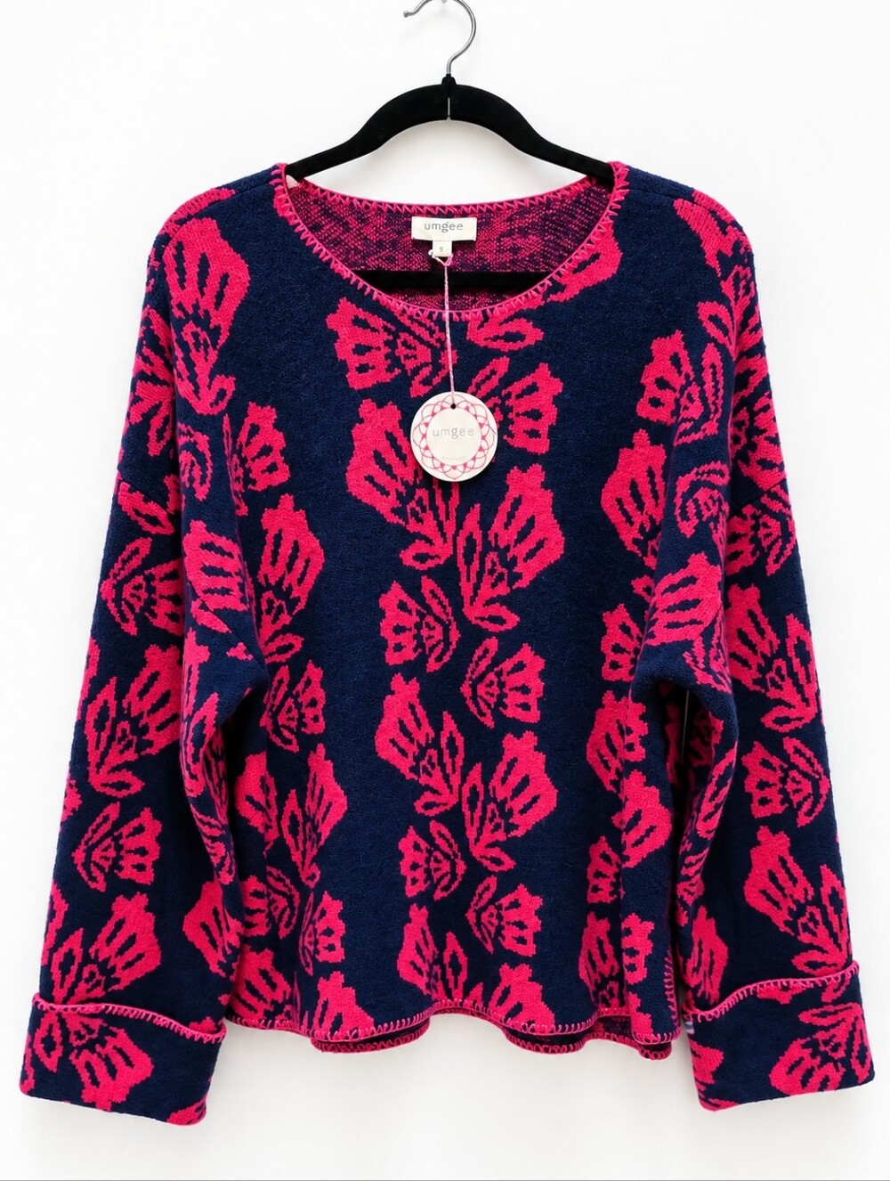 Umgee Navy & Hot Pink Floral Knit Sweater Size Large NWT